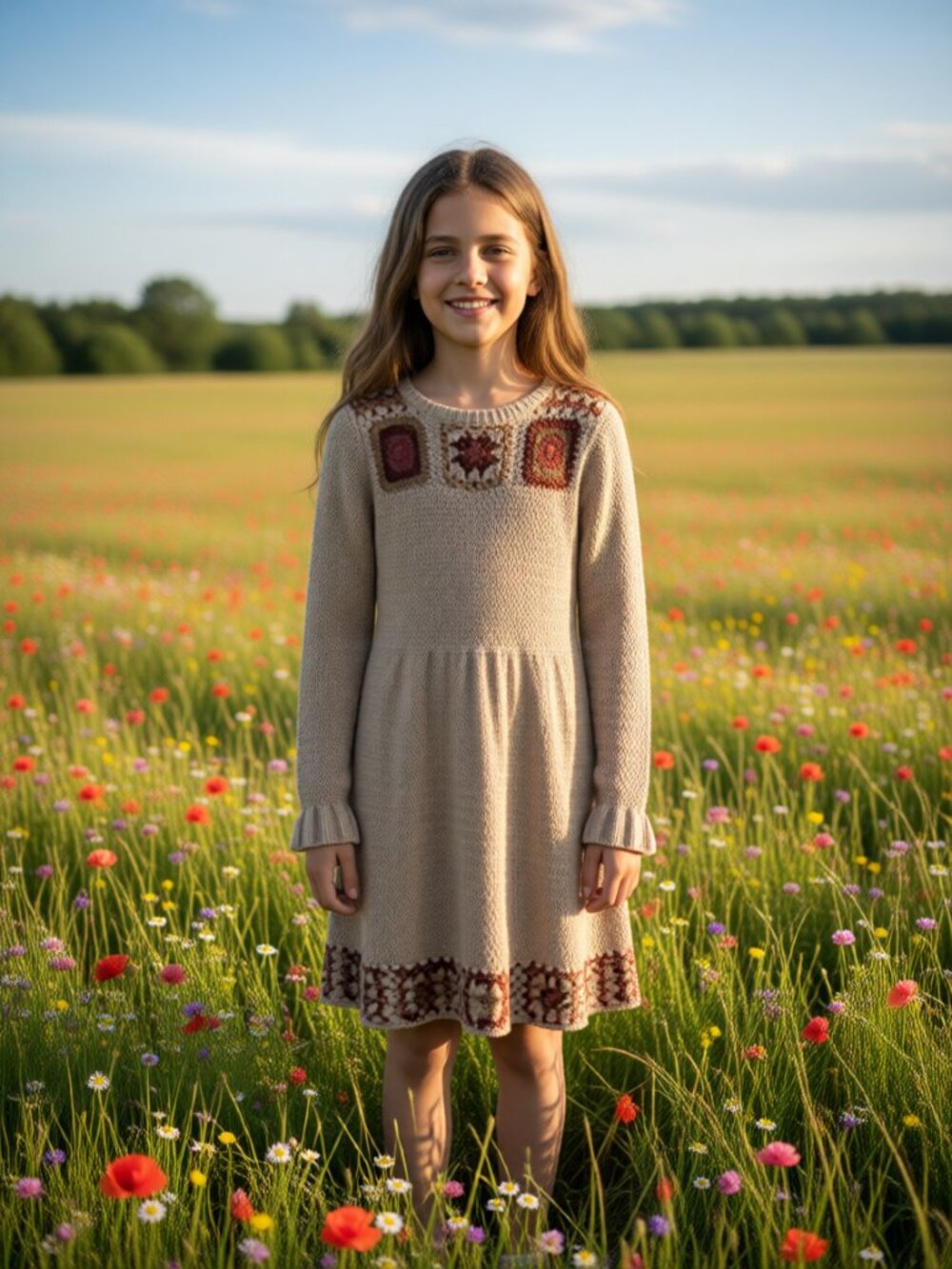 Derek Heart Girl 10 Crochet Granny Square Sweater Dress Boho Knit Beige Pink